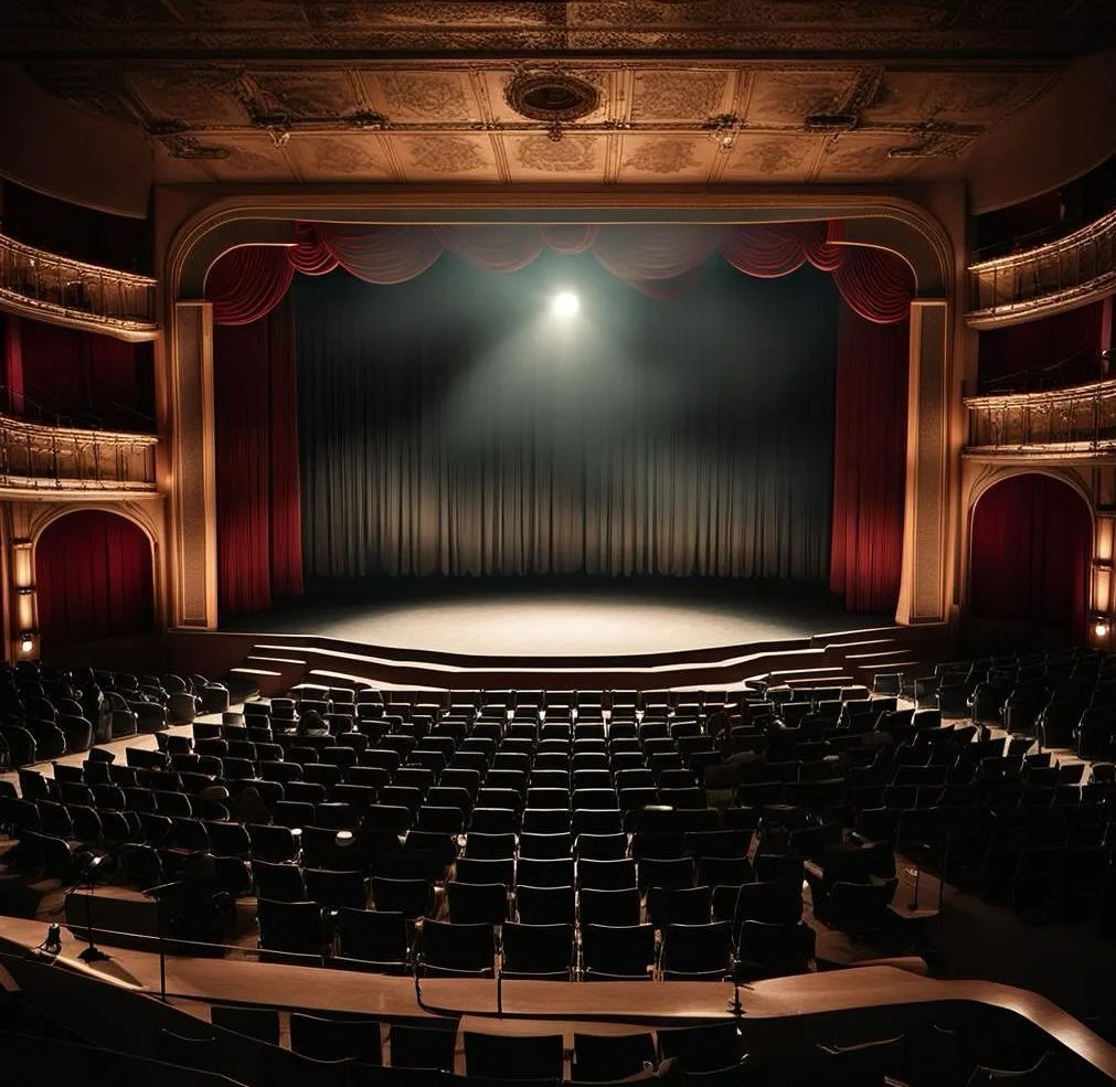 Grand theatre stage with ornate ceiling and red curtains